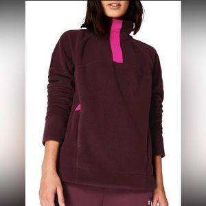 SWEATY BETTY Sweatshirt Altitude Thermal Half SNAP Plum Red Side Zippers Pockets